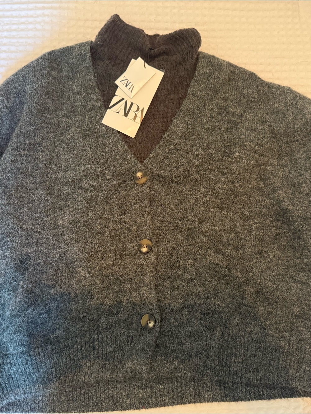 Zara Gray Button-Front Cardigan with Dark Heather Collar